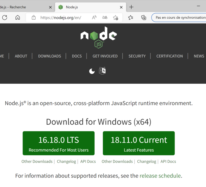 Page d'accueil de nodejs.org